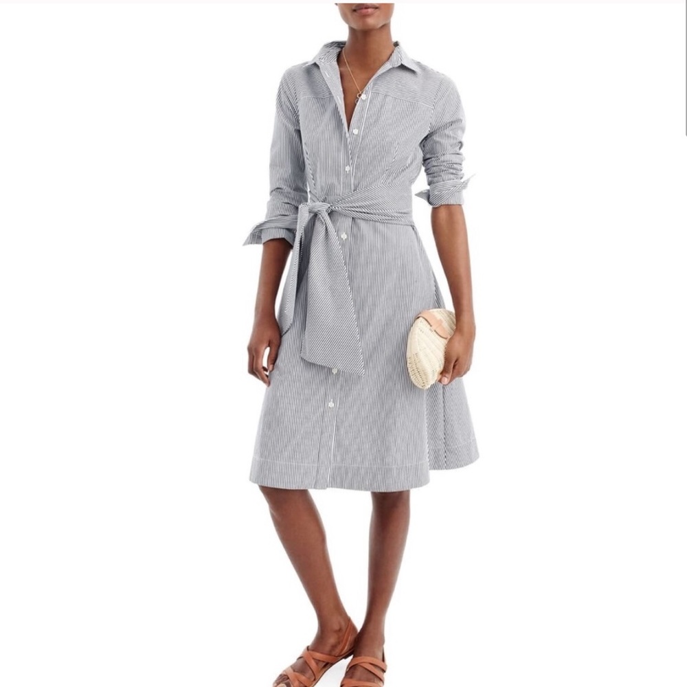 J Crew Striped Button Front Tie Waist Shirt Dress